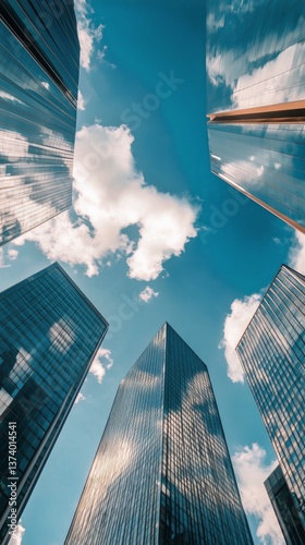 Skyscrapers Reaching Toward the Blue Sky With Clouds Above in a Bustling City