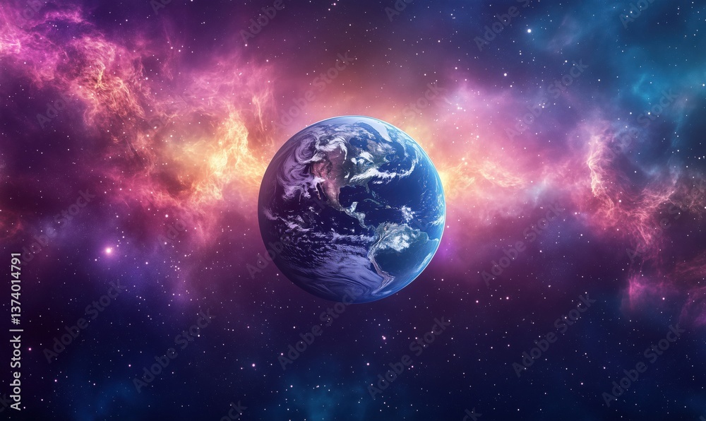 Obraz premium Earth in cosmic space surrounded by colorful nebula and stars