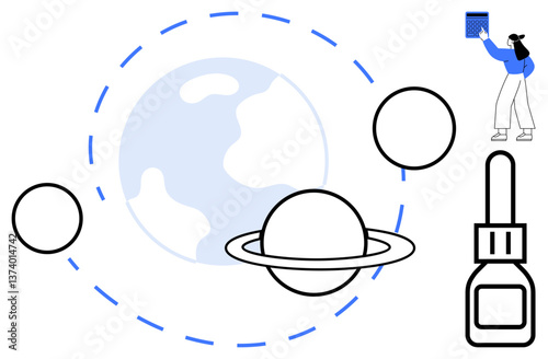 Minimalist Earth, planets, orbital lines, book-holding figure, space-related gear. Ideal for education, exploration, astronomy research technology innovation discovery. Clean flat simple metaphor