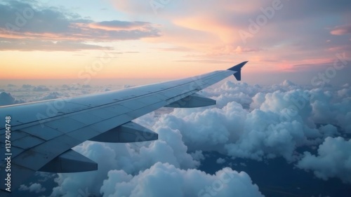 Wing of an airplane flying over the clouds.