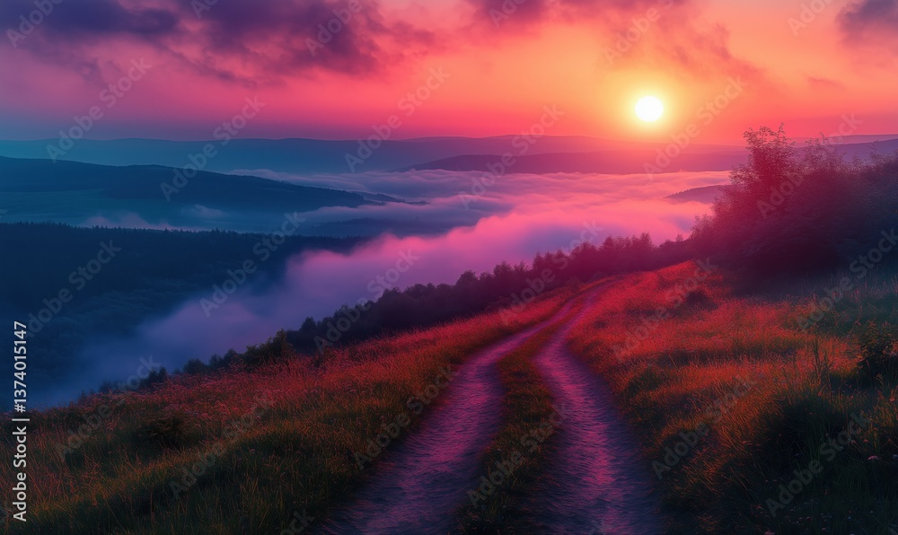 Fototapeta premium Stunning sunset over misty valley with winding path and vibrant colors