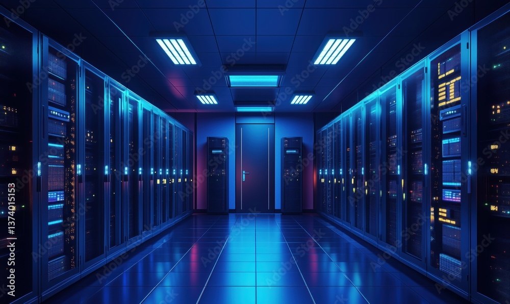 Futuristic data center with illuminated server racks and sleek design