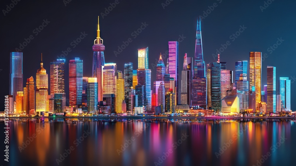 Fototapeta premium Vibrant city skyline at night, reflecting on water