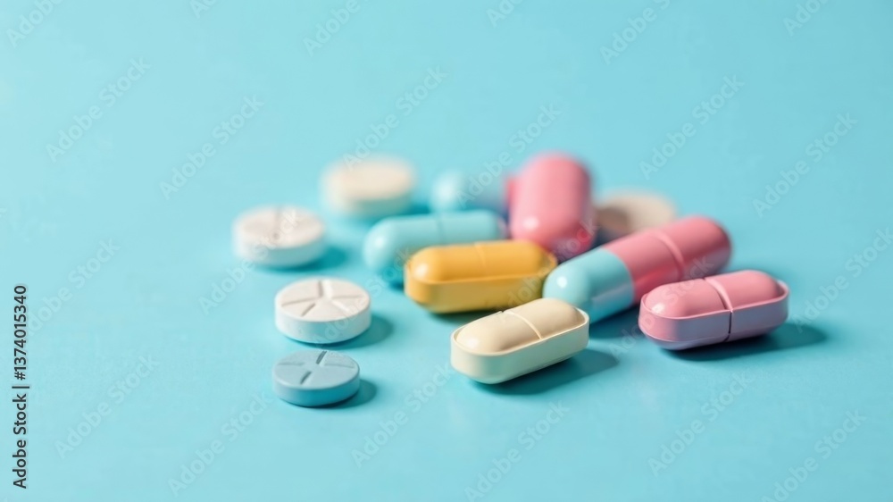 Assorted round tablets in pink and white shades on light blue background. Assorted round tablets in pink and white shades on light blue background.