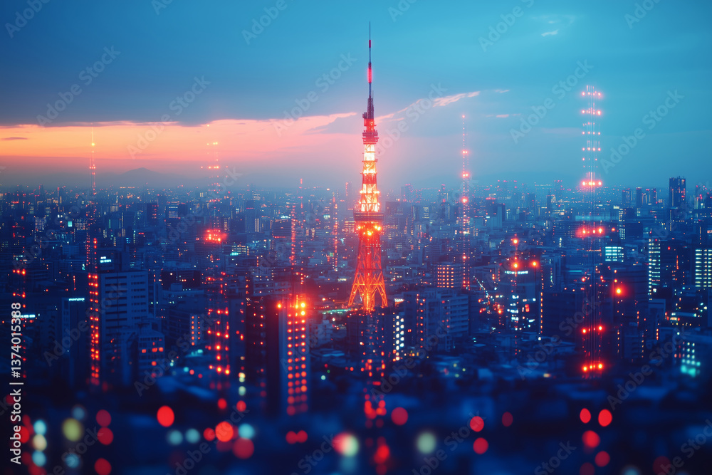 Fototapeta premium Night lights shine on the skyline with a glowing mobile tower