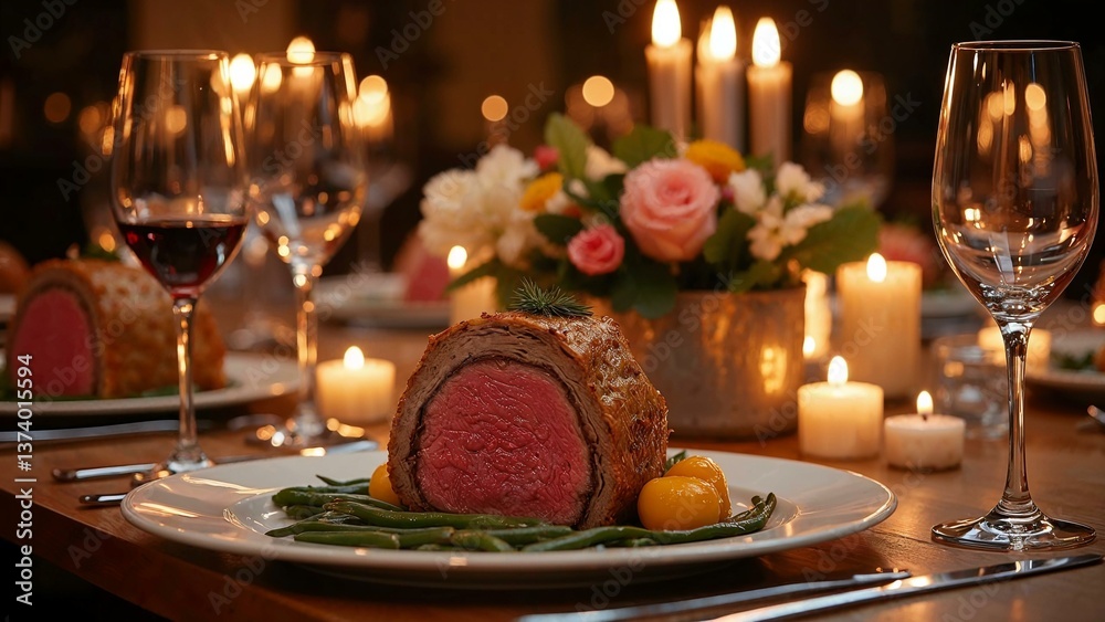 Elegant dining table set for a special occasion featuring Beef Wellington centerpiece Elegant dining table set for a special occasion featuring Beef Wellington centerpiece