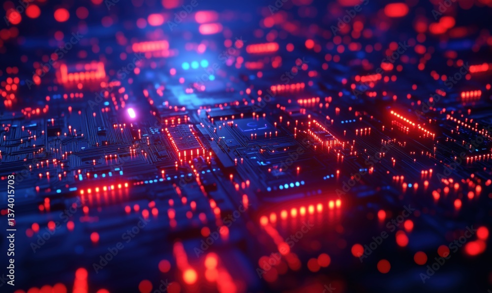 Abstract digital circuit board with glowing red and blue lights in futuristic design Abstract digital circuit board with glowing red and blue lights in futuristic design