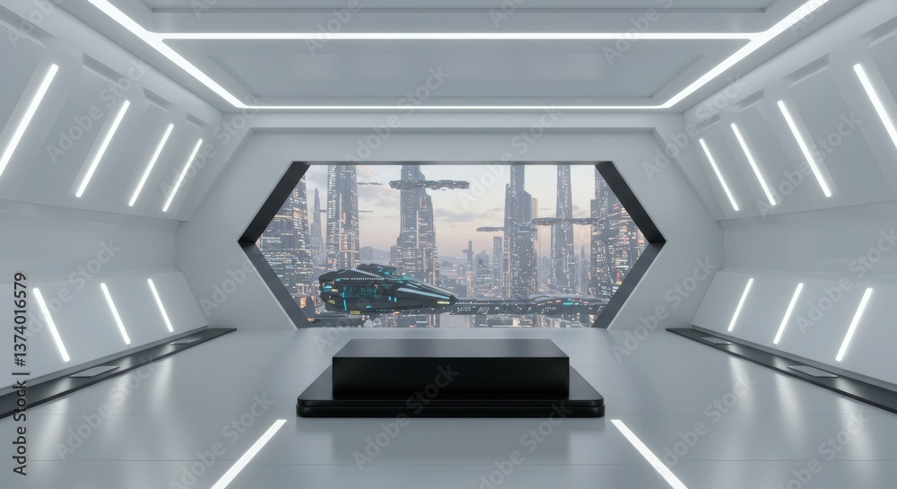 Futuristic product display podium inside a high-tech building with city skyline view Futuristic product display podium inside a high-tech building with city skyline view