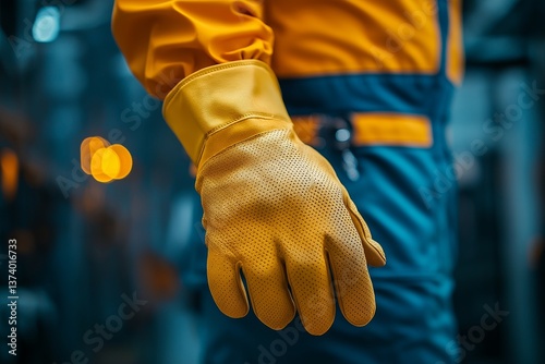 Worker wearing protective yellow gloves in industrial setting with blurred background, emphasizing safety and focus on manufacturing environment