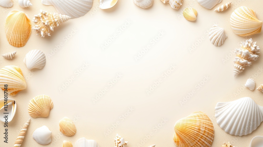 A delicate shell border with intricate, sandy textures and soft hues, perfect for beach-themed invitations, coastal dcor, or ocean-inspired designs. A delicate shell border with intricate, sandy textures and soft hues, perfect for beach-themed invitations, coastal dcor, or ocean-inspired designs.