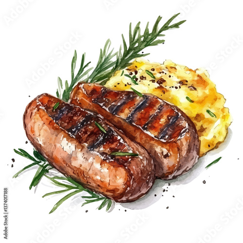 A watercolor vector of bangers and mash, isolated on a white background. Bangers and mash vector.

