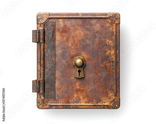 Rusty safe, top view, white background