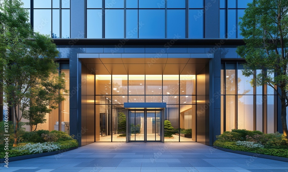 Obraz premium Modern commercial building entrance with glass facade and landscaped surroundings