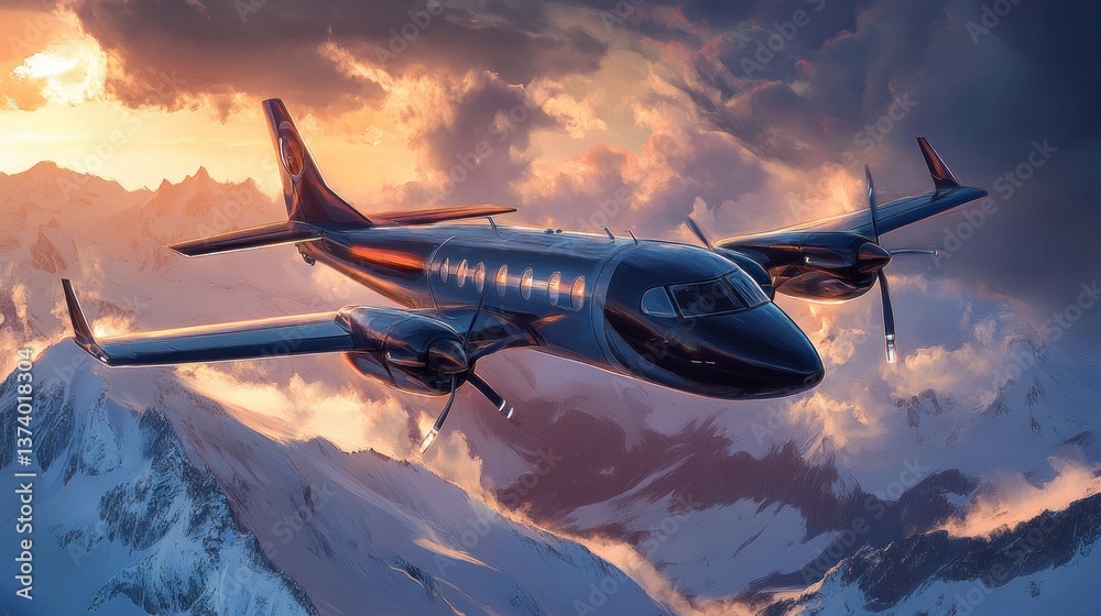 Fototapeta premium Luxury private jet flying over snowy mountains at sunset
