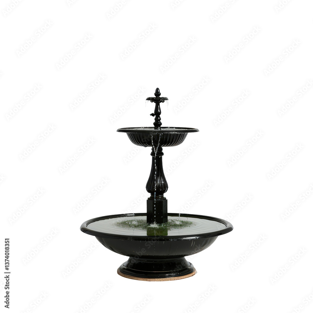 Elegant Black Fountain with Three Tiers Surrounded by Lush Greenery in a Garden Setting Elegant Black Fountain with Three Tiers Surrounded by Lush Greenery in a Garden Setting