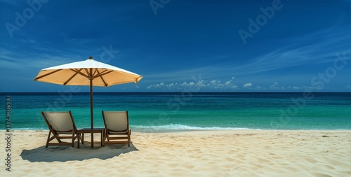 Relaxing Beach Chairs Under a Sun Umbrella on a Sunny Day by the Turquoise Ocean