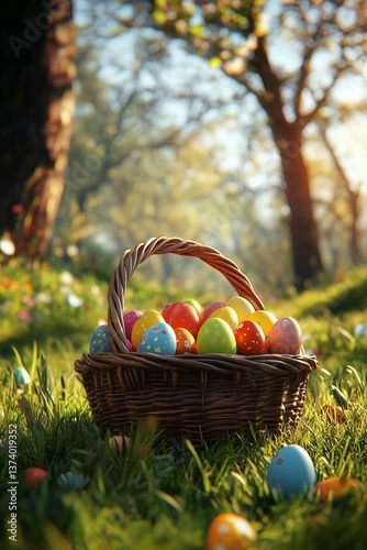 Colorful Easter Eggs in a Wicker Basket Surrounded by Fresh Spring Grass and ...
