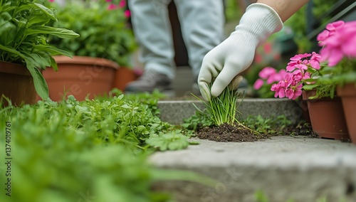 Gardener Tending to Flowers and Removing Weeds From a Stone Pathway in a Vibr...