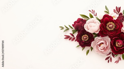 A romantic peony flower border with rich shades of red and blush, perfect for Mother's Day cards or floral event posters.