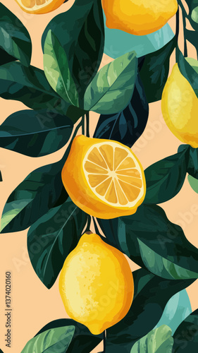 Vibrant Lemon Illustration with Lush Leaves for Freshness and Nature-Themed Designs