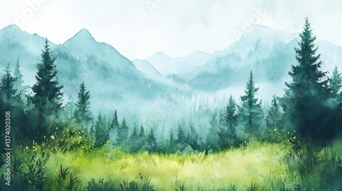 Misty Mountain Meadow Watercolor Landscape