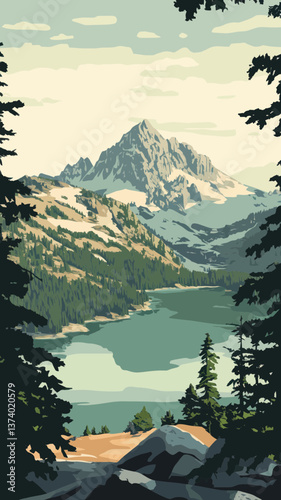 WPA Poster Art of Lila Lake and Hibox Mountain in Cascade Range, Enchantments Wilderness