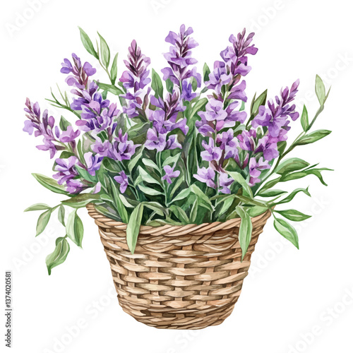 A watercolor vector of a balsam bouquet in a basket, isolated on a white background. Balsam bouquet vector.

