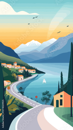Retro Lake Garda Travel Poster with Landscape of Mountains, Road, and Lake in Minimalist Style