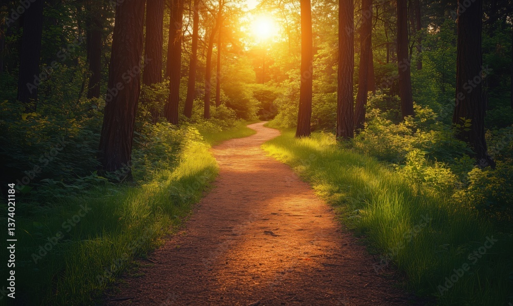 Fototapeta premium Serene forest path illuminated by golden sunset light through trees