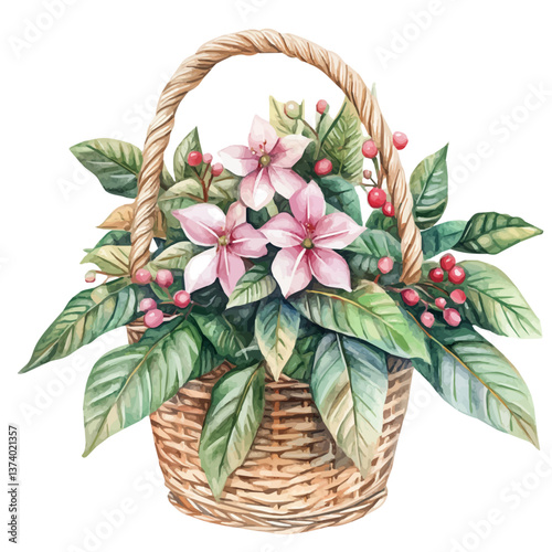 A watercolor vector of a balsam bouquet in a basket, isolated on a white background. Balsam bouquet vector.

