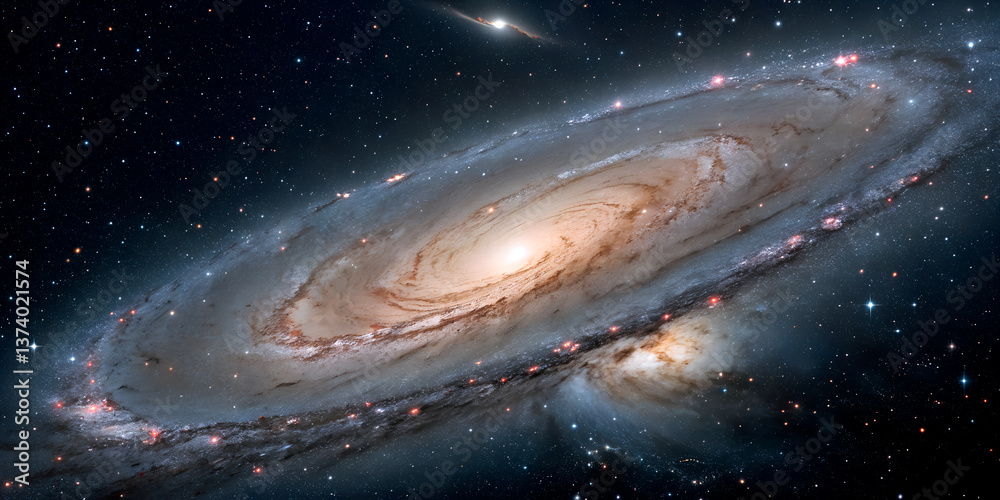 Obraz premium A massive galaxy with distinct structure and light piercing through dust.