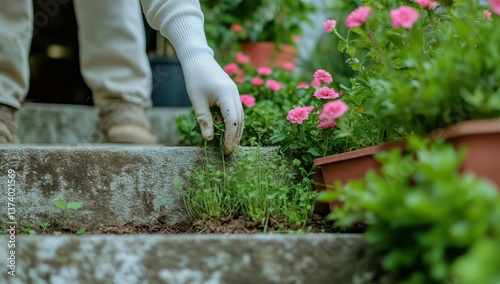 Gardener Tending to Flowers and Removing Weeds From a Stone Pathway in a Vibr...