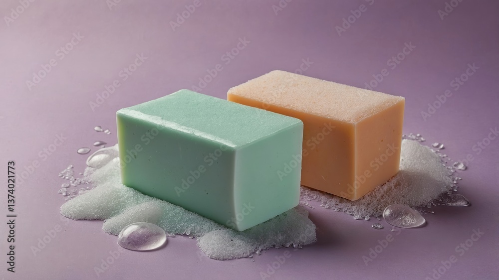 Colorful handmade soaps placed on a pastel surface with bubbles and water droplets for a calming and fresh appearance Colorful handmade soaps placed on a pastel surface with bubbles and water droplets for a calming and fresh appearance