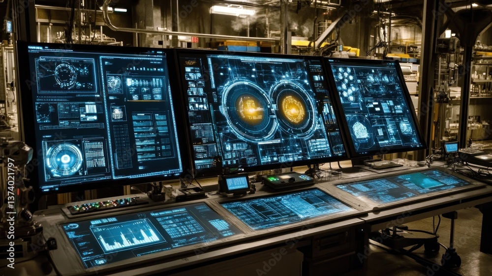 Obraz premium Control room monitors data; industrial background