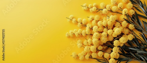Bright Yellow Mimosa Flowers Arranged on a Vibrant Background in a Creative F...