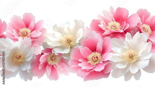 A vibrant peony border with bold pink and white flowers, ideal for springtime promotional materials or garden center advertisements.