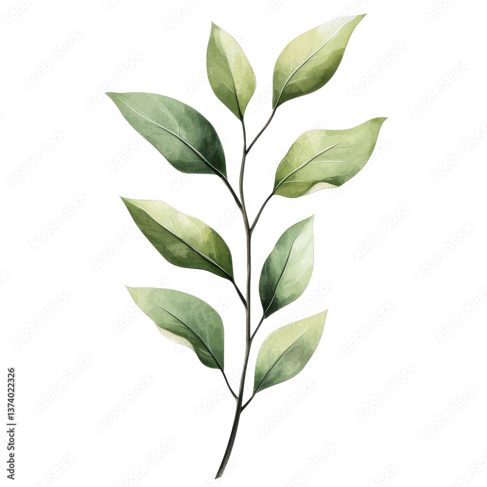 Fototapeta premium Watercolor Leaves Branch: a serene, artful illustration of a green leaf branch, painted with watercolors, ideal for design and decor.
