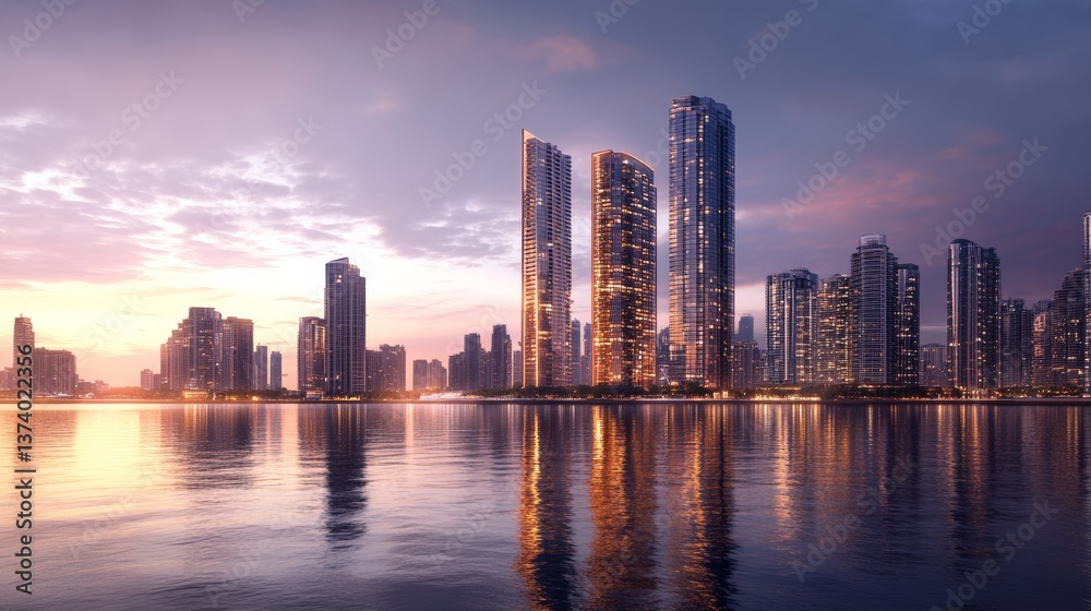 Fototapeta premium wide shot, modern city skyscrapers skyline on dawn, realistic 