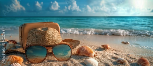 Relaxing Beach Setting With Sunglasses and Straw Hat on Soft Sand Near Gentle...