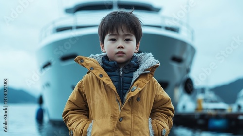 A young boy, dressed in a stylish yellow-brown jacket, stands proudly by a luxury yacht at the marina, exuding a sense of wonder and exploration against a scenic background.