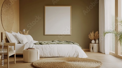 Warm and minimalist bedroom with green accents and plants