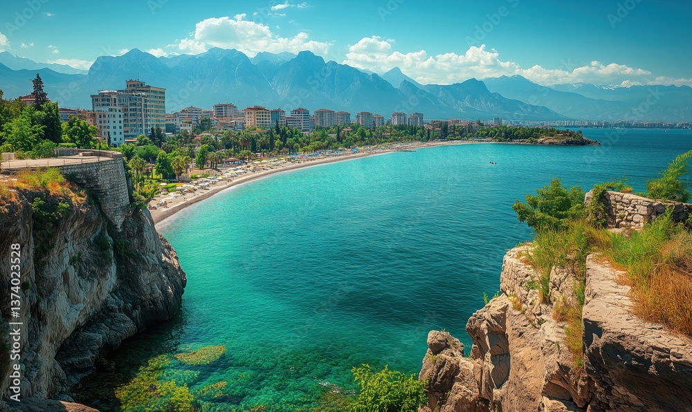 Obraz premium Stunning coastal view of Antalya with turquoise waters and mountain backdrop