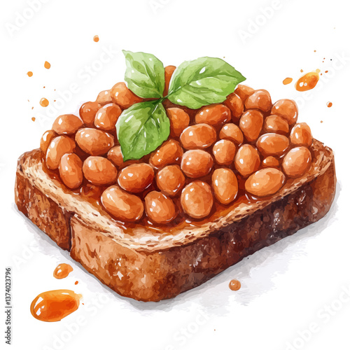 A watercolor vector of baked beans on toast, isolated on a white background. Baked beans on toast vector.

