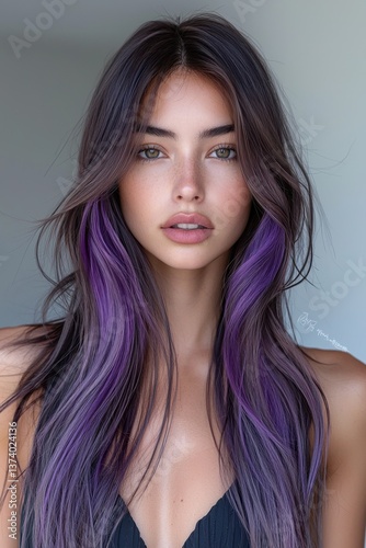 Close-up portrait of a woman with flowing violet balayage hair and natural makeup, perfect for modern beauty and hair inspiration.