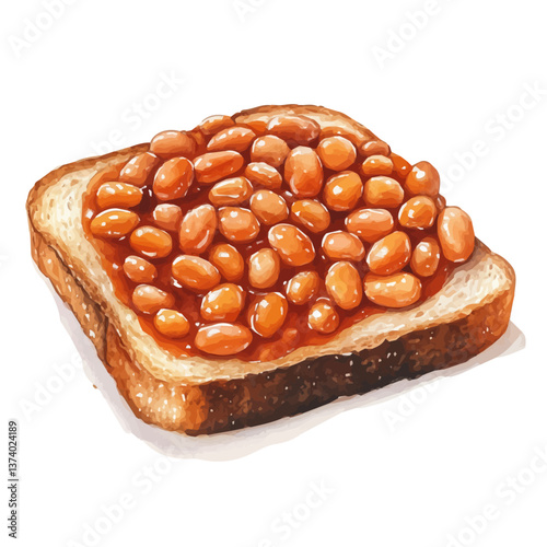 A watercolor vector of baked beans on toast, isolated on a white background. Baked beans on toast vector.

