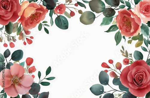 Beautiful Watercolor Roses and Greenery Border Design Suitable for Invitation...