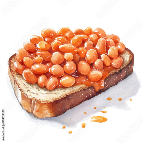 A watercolor vector of baked beans on toast, isolated on a white background. Baked beans on toast vector.

