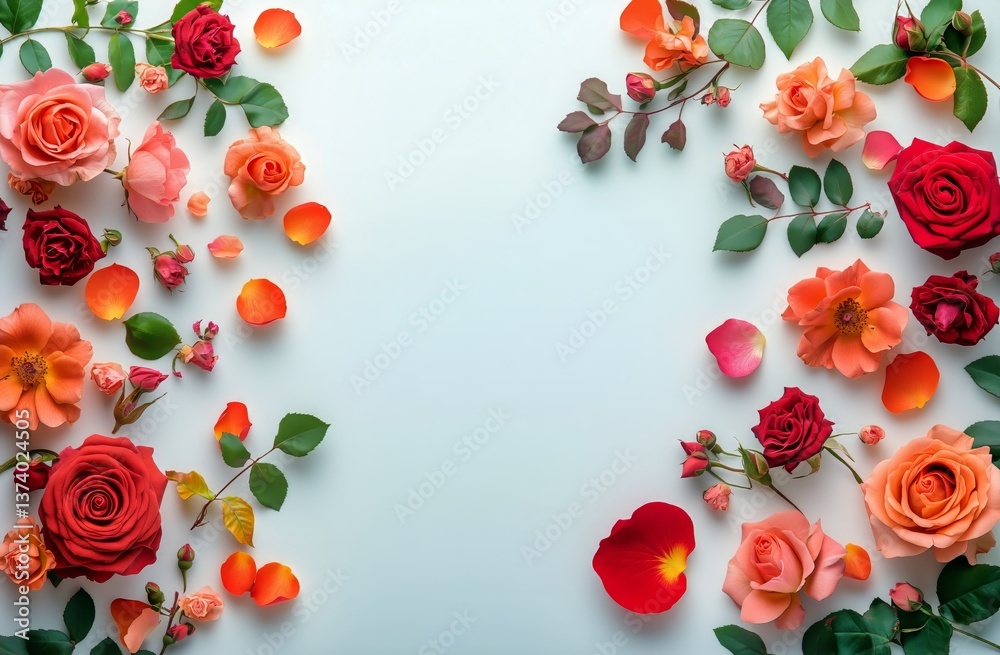 Floral Arrangement With Assorted Roses and Leaves on a White Background Floral Arrangement With Assorted Roses and Leaves on a White Background