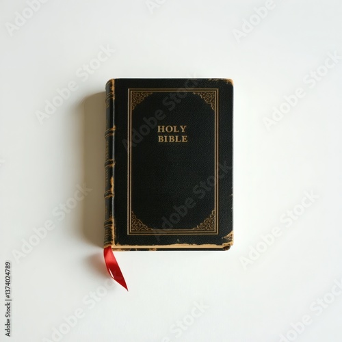 Old Black Hard Covered Holy Bible Book with Red Bookmark