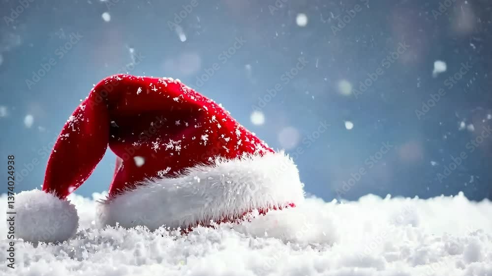 Santa hat resting in fresh snow during a winter afternoon with falling snowflakes creating a festive atmosphere of the holiday season Santa hat resting in fresh snow during a winter afternoon with falling snowflakes creating a festive atmosphere of the holiday season